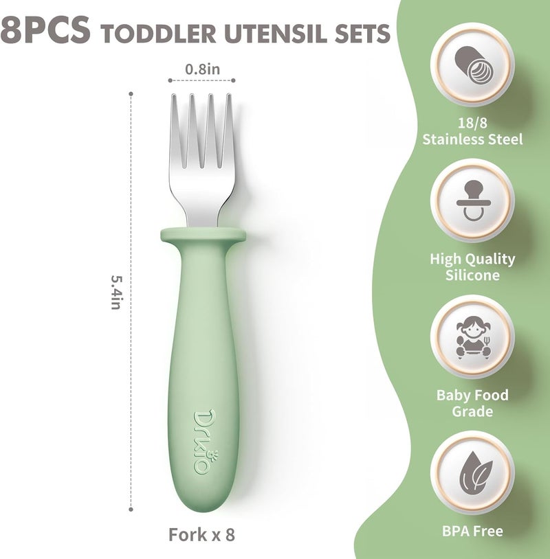 DRKIO 8 Pieces Toddler Forks Set - Baby Forks with Silicone Handle Children safe 18/8 Stainless Steel Toddler Utensils Set for Self Feeding Kids Silverware Anti-Choke Design Food Grade Dishwasher Safe - Image 2